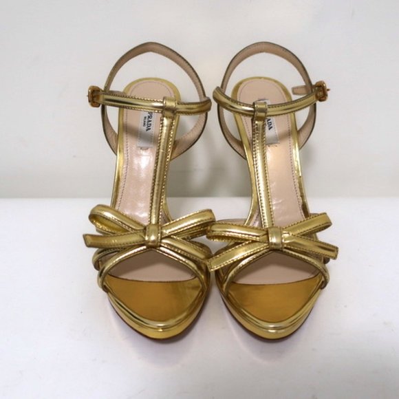 Prada Bow Sandals Gold Metallic Leather Size 39 - Picture 4 of 12